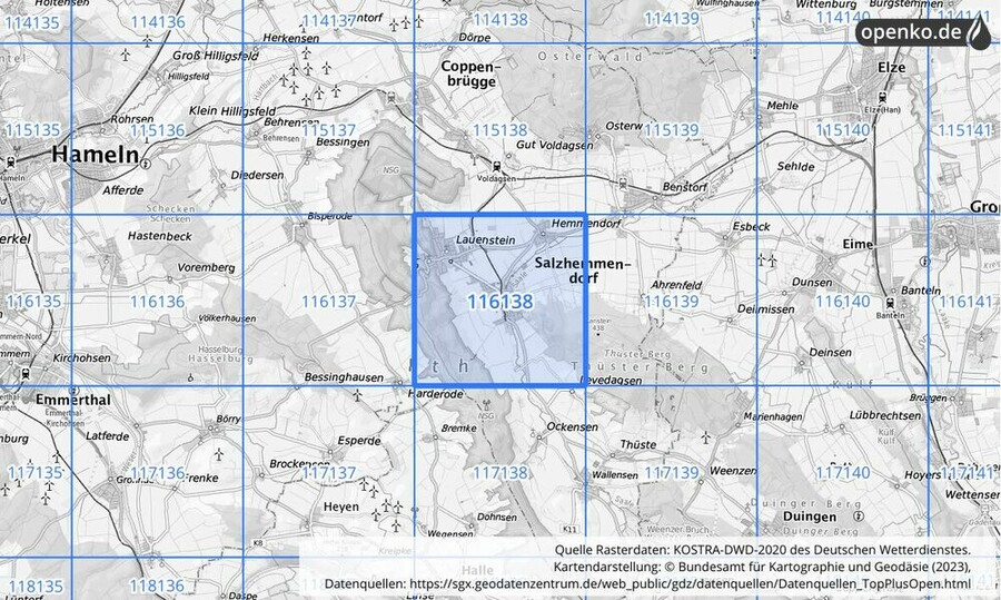 Übersichtskarte des KOSTRA-DWD-2020-Rasterfeldes Nr. 116138