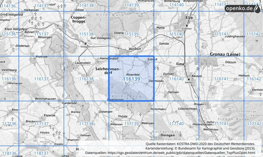 Übersichtskarte des KOSTRA-DWD-2020-Rasterfeldes Nr. 116139