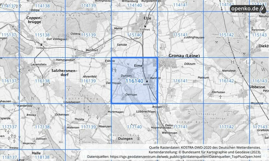 Übersichtskarte des KOSTRA-DWD-2020-Rasterfeldes Nr. 116140