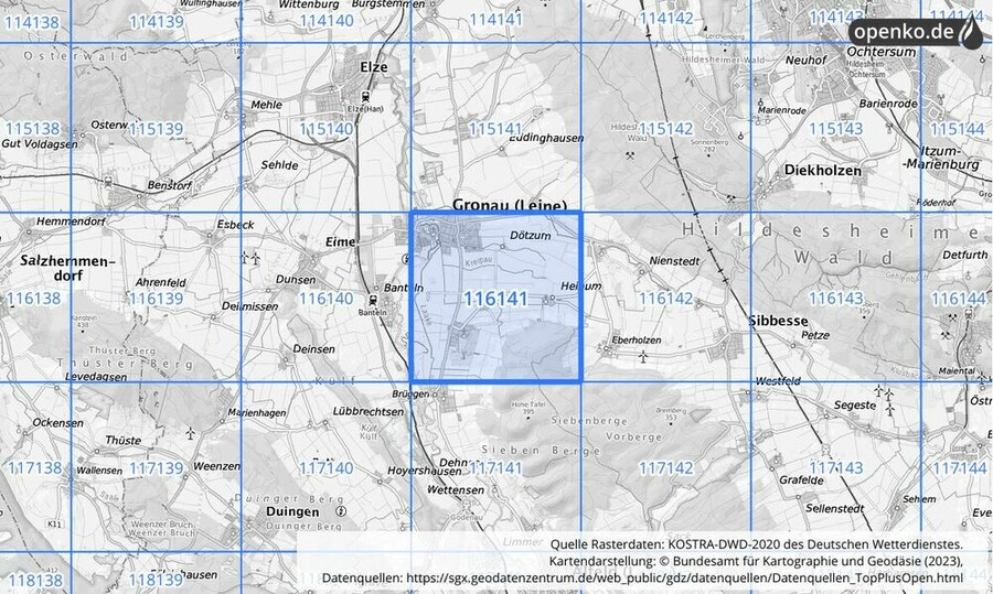 Übersichtskarte des KOSTRA-DWD-2020-Rasterfeldes Nr. 116141