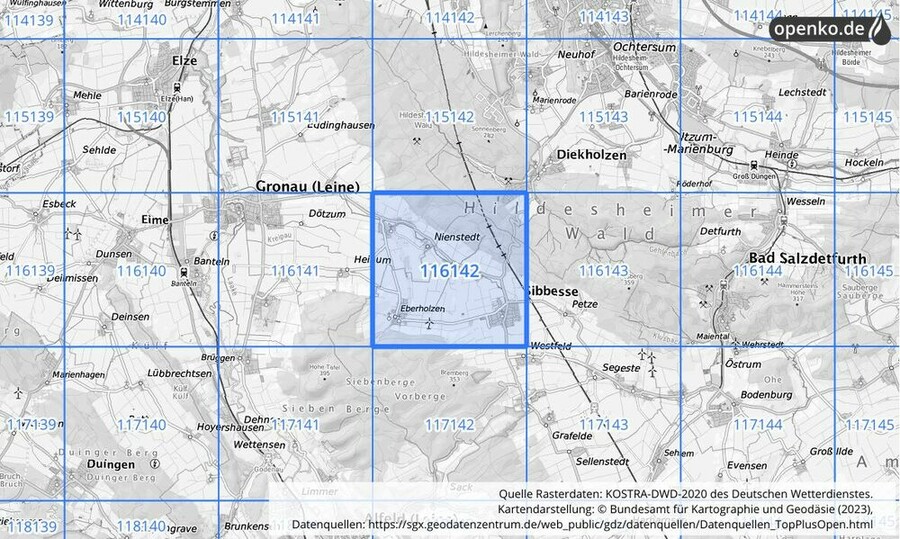 Übersichtskarte des KOSTRA-DWD-2020-Rasterfeldes Nr. 116142