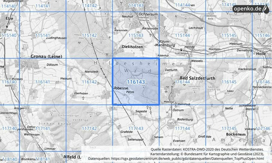 Übersichtskarte des KOSTRA-DWD-2020-Rasterfeldes Nr. 116143