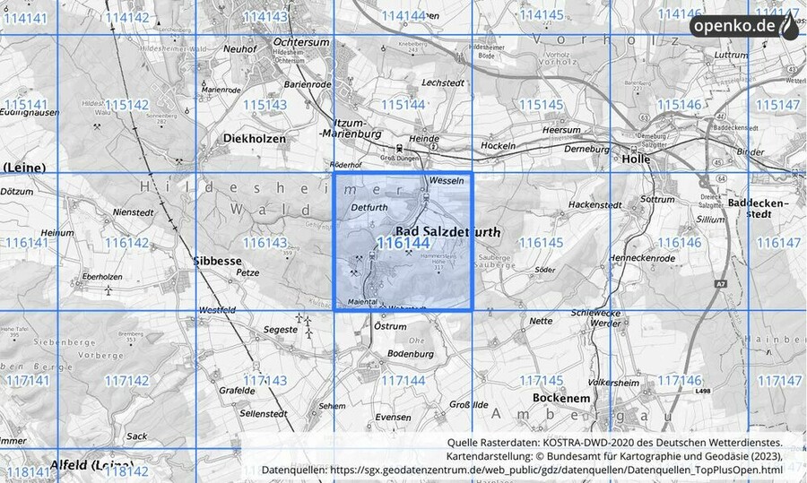 Übersichtskarte des KOSTRA-DWD-2020-Rasterfeldes Nr. 116144