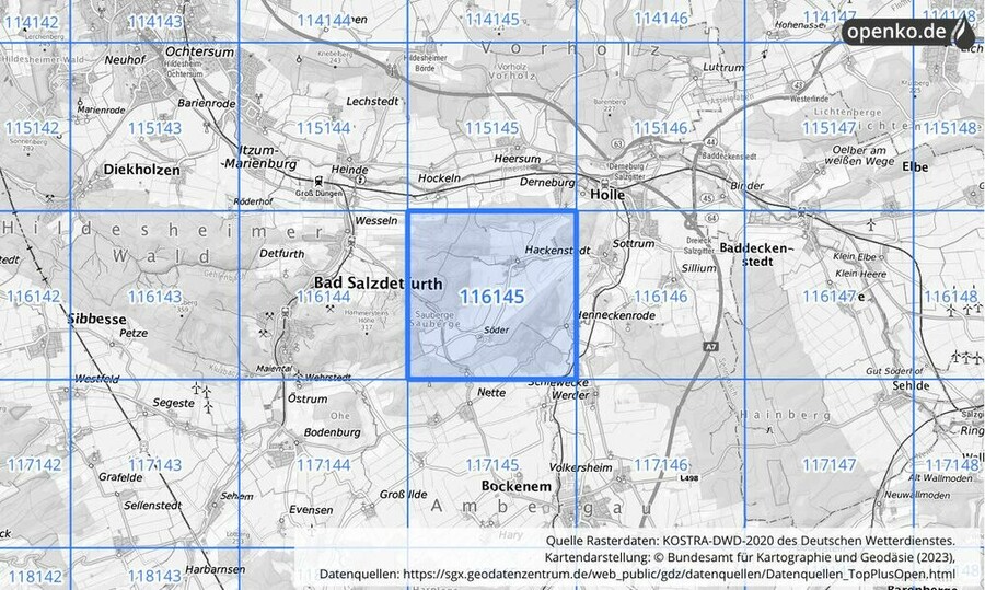 Übersichtskarte des KOSTRA-DWD-2020-Rasterfeldes Nr. 116145