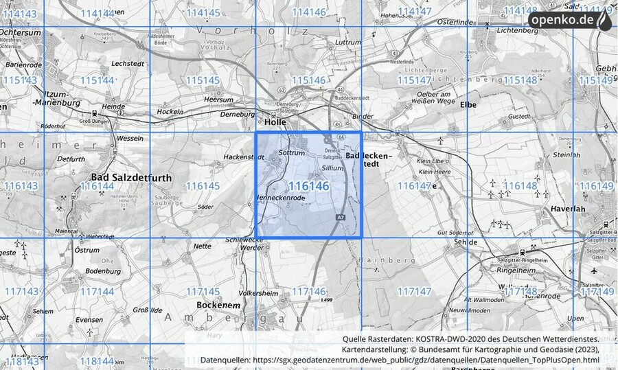 Übersichtskarte des KOSTRA-DWD-2020-Rasterfeldes Nr. 116146