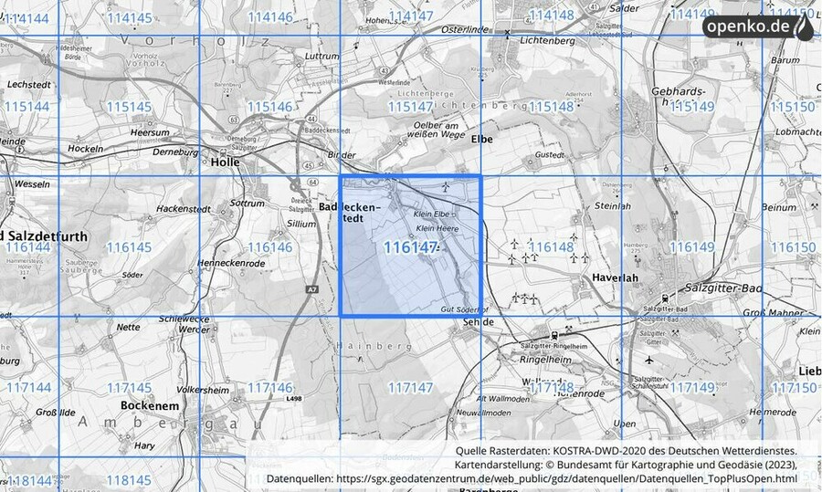 Übersichtskarte des KOSTRA-DWD-2020-Rasterfeldes Nr. 116147