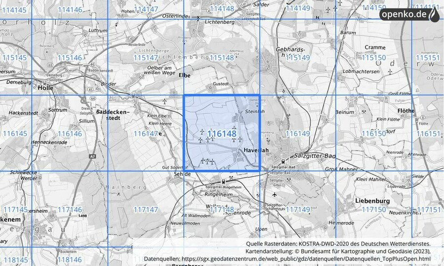 Übersichtskarte des KOSTRA-DWD-2020-Rasterfeldes Nr. 116148