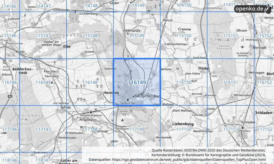 Übersichtskarte des KOSTRA-DWD-2020-Rasterfeldes Nr. 116149