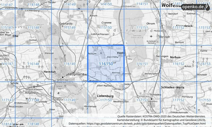 Übersichtskarte des KOSTRA-DWD-2020-Rasterfeldes Nr. 116150