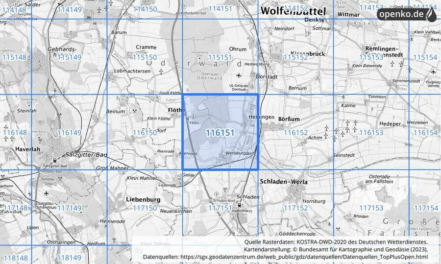 Übersichtskarte des KOSTRA-DWD-2020-Rasterfeldes Nr. 116151