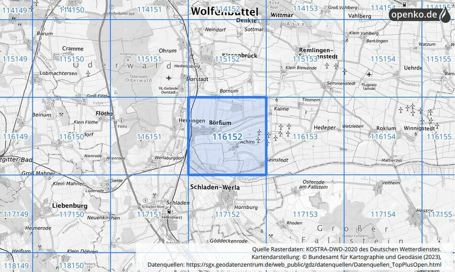 Übersichtskarte des KOSTRA-DWD-2020-Rasterfeldes Nr. 116152