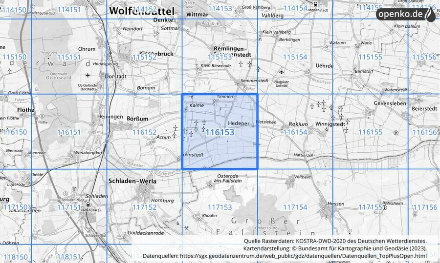 Übersichtskarte des KOSTRA-DWD-2020-Rasterfeldes Nr. 116153