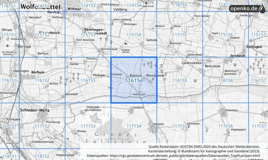 Übersichtskarte des KOSTRA-DWD-2020-Rasterfeldes Nr. 116154