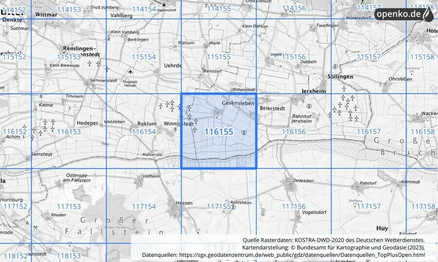 Übersichtskarte des KOSTRA-DWD-2020-Rasterfeldes Nr. 116155