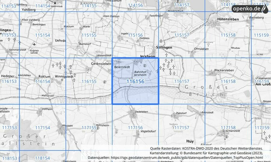 Übersichtskarte des KOSTRA-DWD-2020-Rasterfeldes Nr. 116156