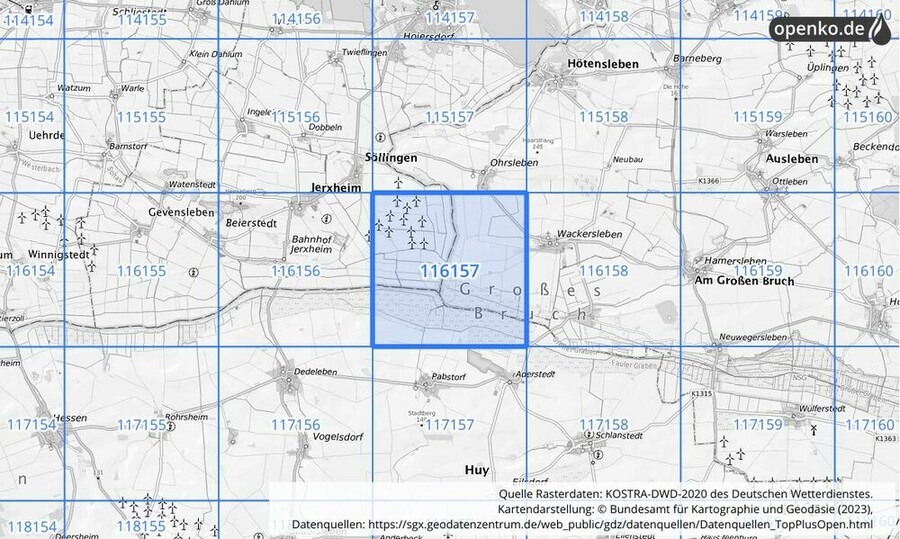 Übersichtskarte des KOSTRA-DWD-2020-Rasterfeldes Nr. 116157