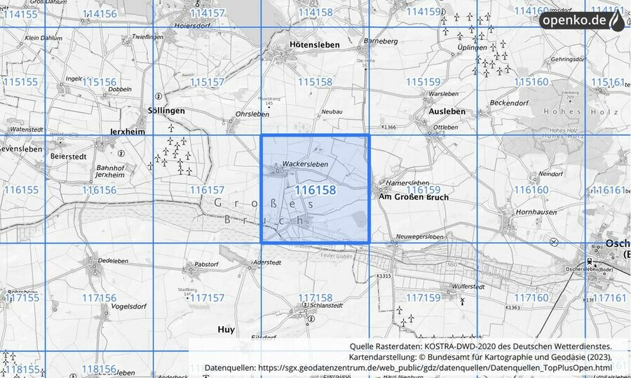 Übersichtskarte des KOSTRA-DWD-2020-Rasterfeldes Nr. 116158