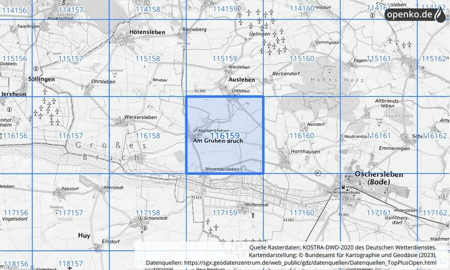 Übersichtskarte des KOSTRA-DWD-2020-Rasterfeldes Nr. 116159