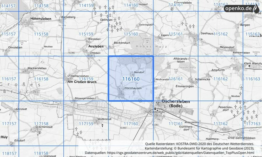 Übersichtskarte des KOSTRA-DWD-2020-Rasterfeldes Nr. 116160