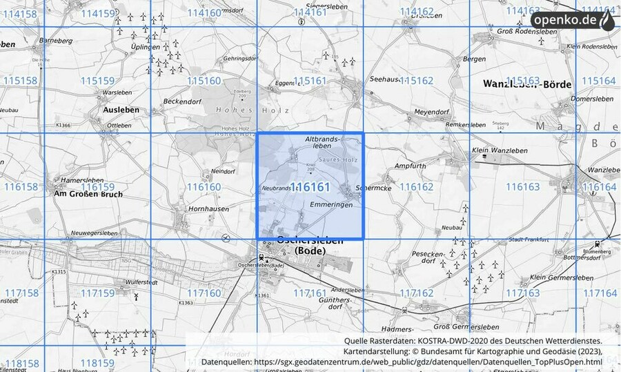 Übersichtskarte des KOSTRA-DWD-2020-Rasterfeldes Nr. 116161