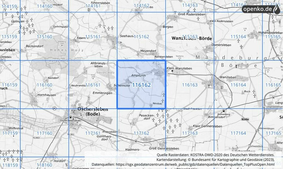 Übersichtskarte des KOSTRA-DWD-2020-Rasterfeldes Nr. 116162