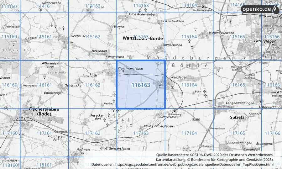 Übersichtskarte des KOSTRA-DWD-2020-Rasterfeldes Nr. 116163