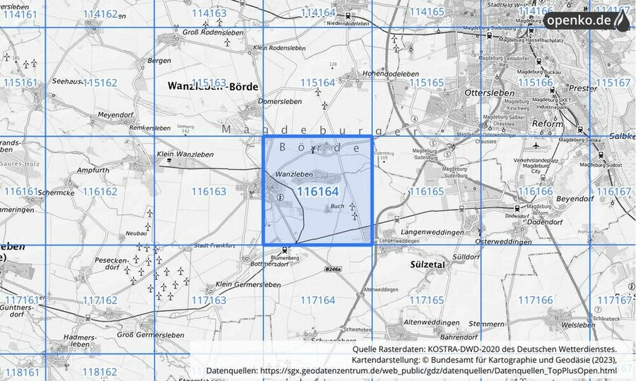 Übersichtskarte des KOSTRA-DWD-2020-Rasterfeldes Nr. 116164