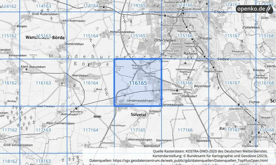 Übersichtskarte des KOSTRA-DWD-2020-Rasterfeldes Nr. 116165