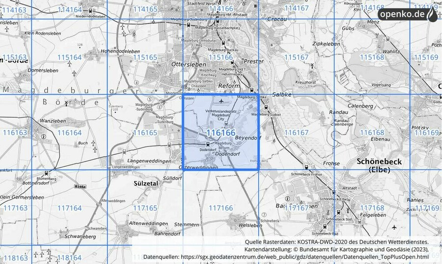 Übersichtskarte des KOSTRA-DWD-2020-Rasterfeldes Nr. 116166