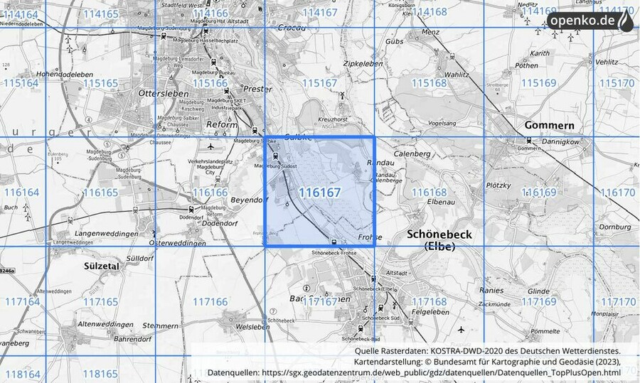 Übersichtskarte des KOSTRA-DWD-2020-Rasterfeldes Nr. 116167