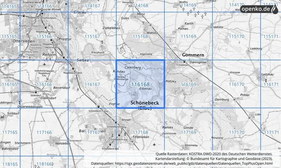 Übersichtskarte des KOSTRA-DWD-2020-Rasterfeldes Nr. 116168