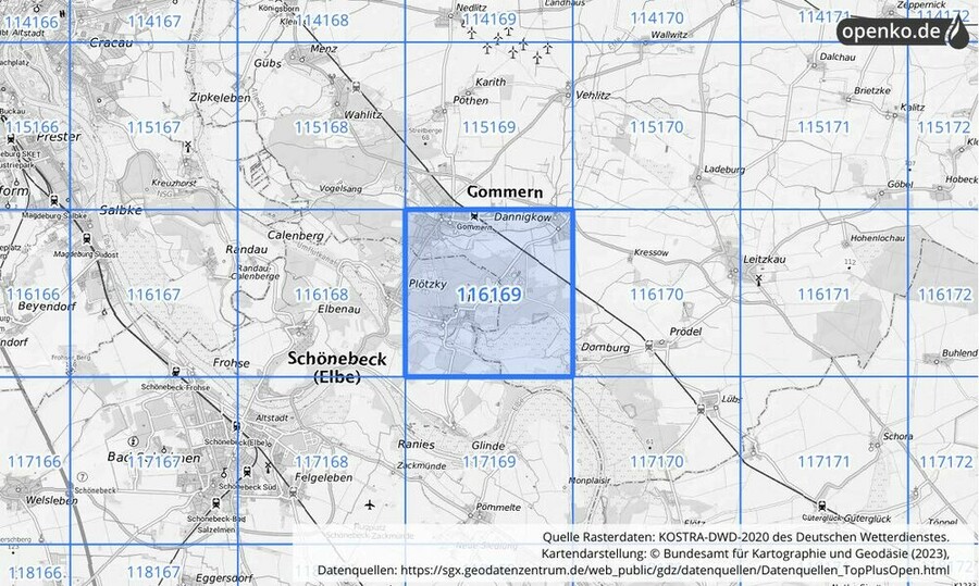 Übersichtskarte des KOSTRA-DWD-2020-Rasterfeldes Nr. 116169