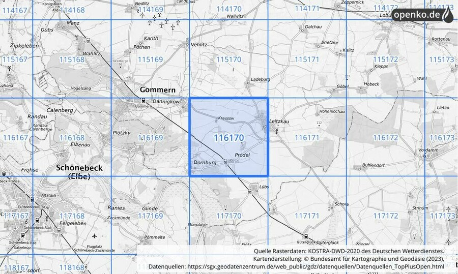 Übersichtskarte des KOSTRA-DWD-2020-Rasterfeldes Nr. 116170