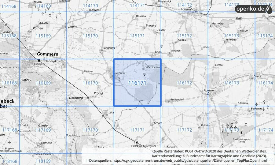 Übersichtskarte des KOSTRA-DWD-2020-Rasterfeldes Nr. 116171