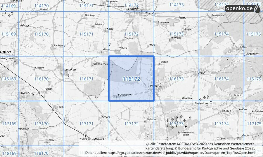 Übersichtskarte des KOSTRA-DWD-2020-Rasterfeldes Nr. 116172