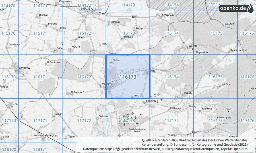 Übersichtskarte des KOSTRA-DWD-2020-Rasterfeldes Nr. 116173