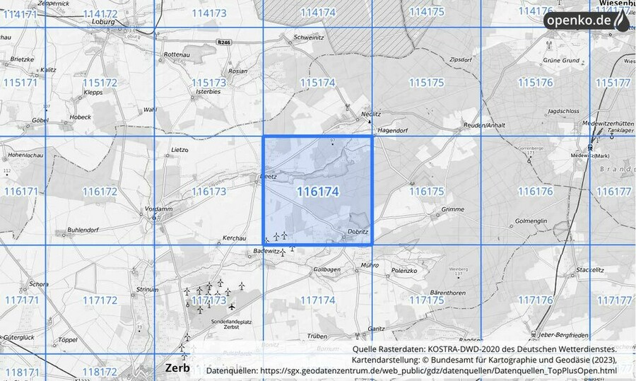 Übersichtskarte des KOSTRA-DWD-2020-Rasterfeldes Nr. 116174