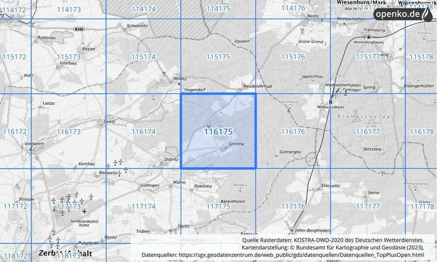 Übersichtskarte des KOSTRA-DWD-2020-Rasterfeldes Nr. 116175