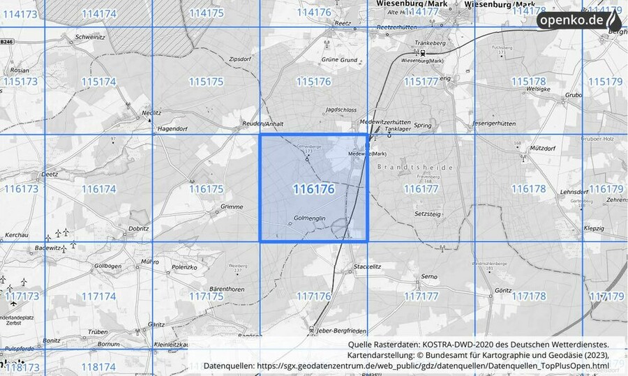 Übersichtskarte des KOSTRA-DWD-2020-Rasterfeldes Nr. 116176