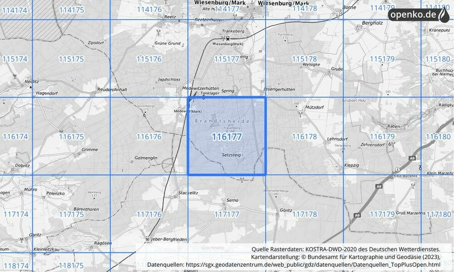 Übersichtskarte des KOSTRA-DWD-2020-Rasterfeldes Nr. 116177