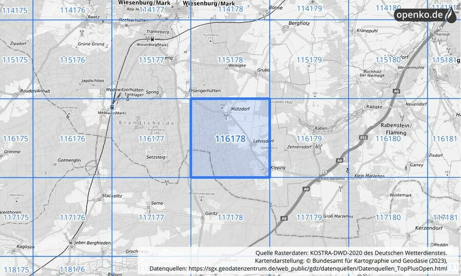 Übersichtskarte des KOSTRA-DWD-2020-Rasterfeldes Nr. 116178