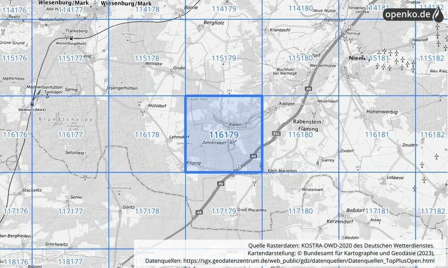 Übersichtskarte des KOSTRA-DWD-2020-Rasterfeldes Nr. 116179
