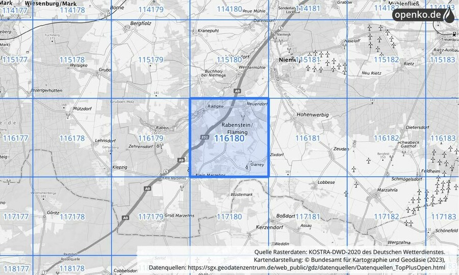 Übersichtskarte des KOSTRA-DWD-2020-Rasterfeldes Nr. 116180