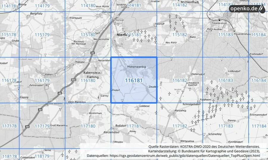 Übersichtskarte des KOSTRA-DWD-2020-Rasterfeldes Nr. 116181