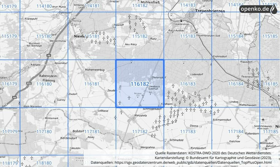 Übersichtskarte des KOSTRA-DWD-2020-Rasterfeldes Nr. 116182