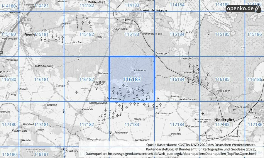 Übersichtskarte des KOSTRA-DWD-2020-Rasterfeldes Nr. 116183