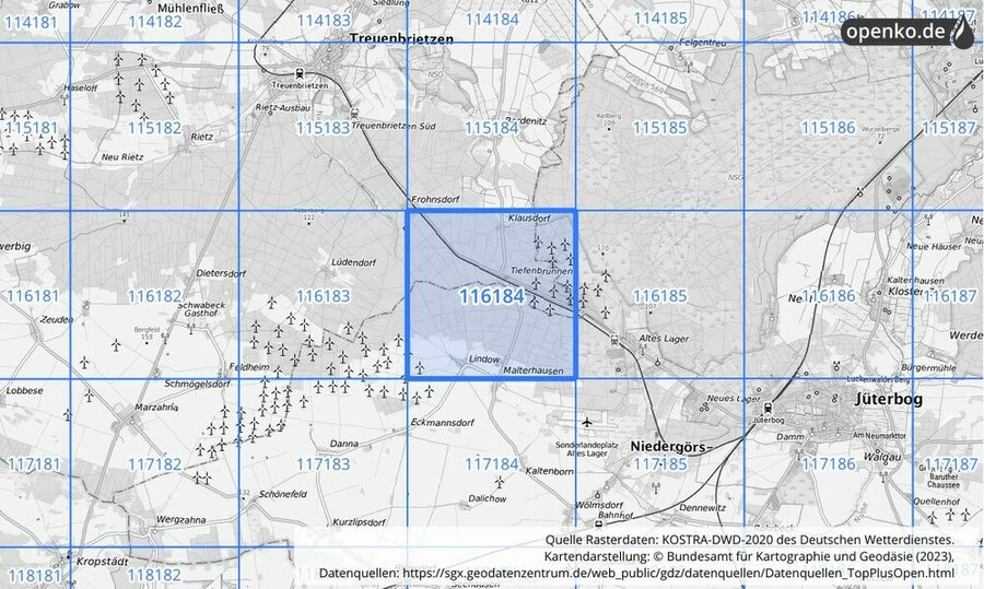 Übersichtskarte des KOSTRA-DWD-2020-Rasterfeldes Nr. 116184