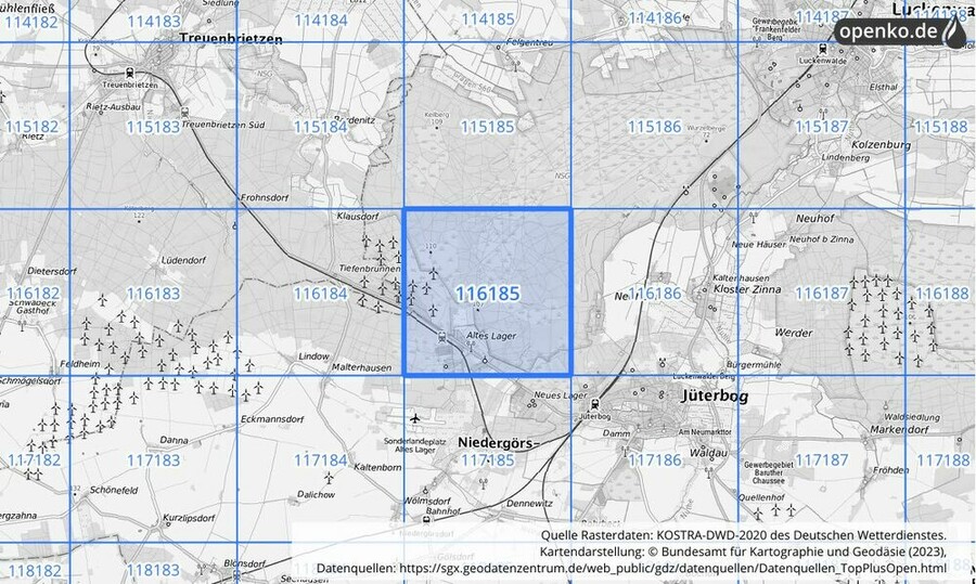 Übersichtskarte des KOSTRA-DWD-2020-Rasterfeldes Nr. 116185