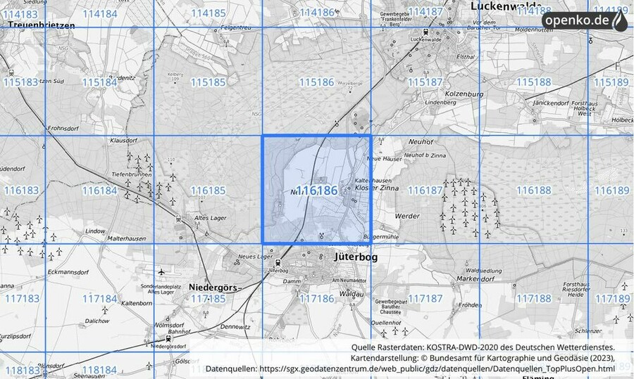 Übersichtskarte des KOSTRA-DWD-2020-Rasterfeldes Nr. 116186