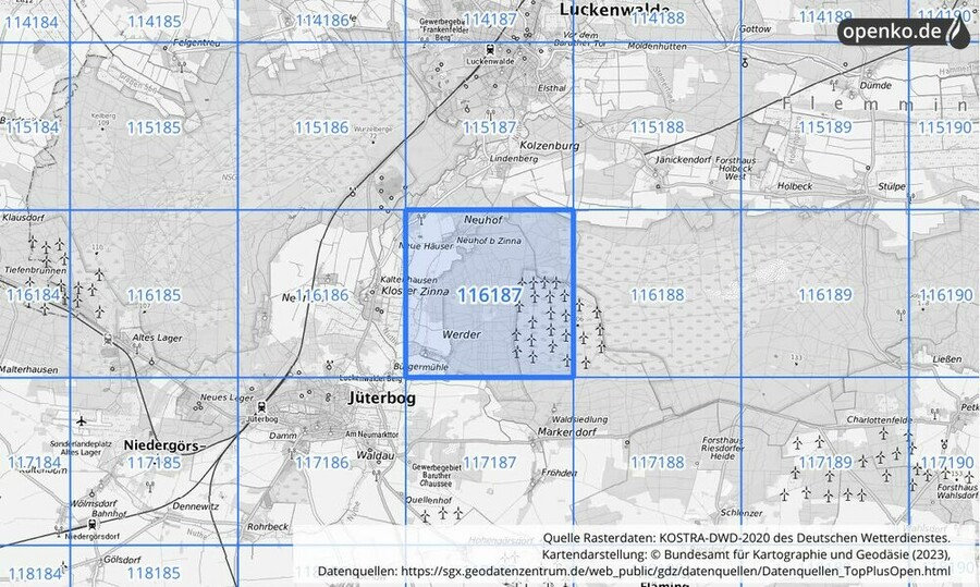 Übersichtskarte des KOSTRA-DWD-2020-Rasterfeldes Nr. 116187